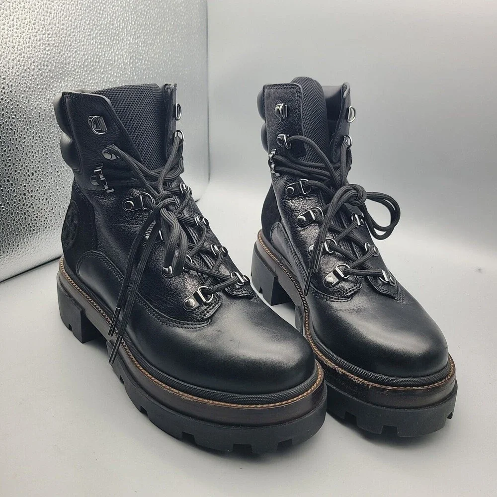 Tory Burch Women Boots Miller Lug Hiker Combat Black Lace Leather Logo 9.5 New